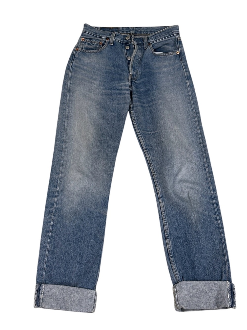 Levi's 501 Blue Denim straight leg button fly distressed jeans size w27 L34